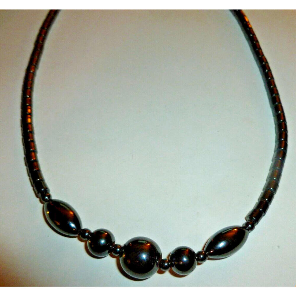 Vintage Hematite Beaded Necklace 16" Gold Tone Clasp